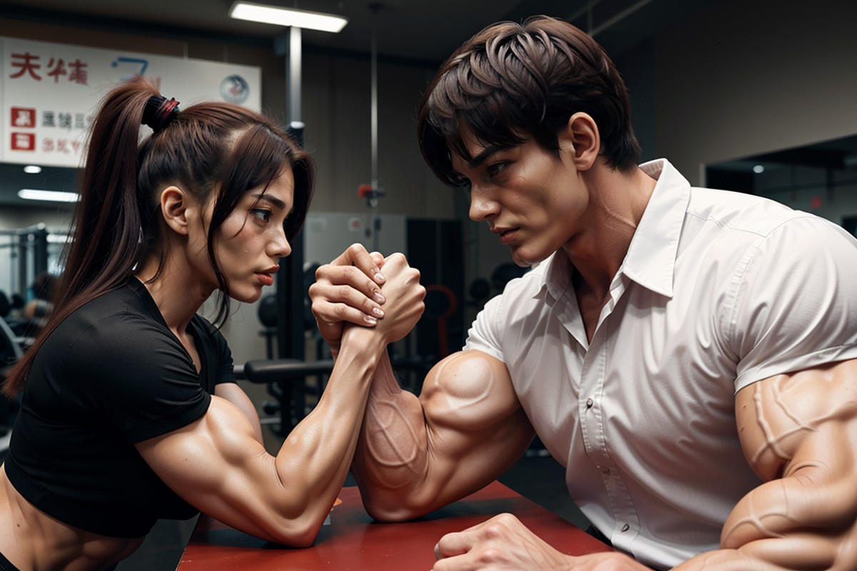1girl 1man, armwrestling, anime style, (confident) wearing ((shirts)), in a gym, effort and straining, sweating bodybuilde...
