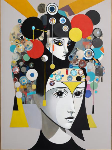 <lora:GeorgeCondo:1>a painting of a man with many objects on his head and a woman with a headdress on her head by George Condo