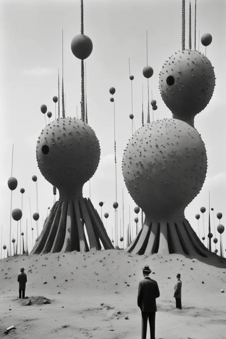 <lora:Gilbert Garcin Style:1>Gilbert Garcin Style - art of Max Ernst brain antenna array kites concrete sculptures and thousands of tiny holes black and white