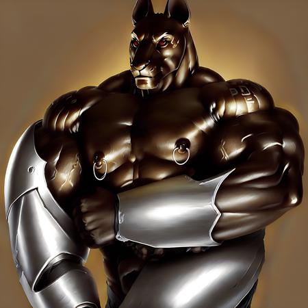 realistic, photo realism, solo, handsome, muscular, anthropomorphic, bara, darknut (anubis)+, jackal face, dark grey skin, white swirly tatoos on arm, white swirly tatoos on legs, red glowing eyes, demon eyes, pectoral muscles, male nipple, golden nipple ring, silver leg armor, silver gauntlet armor, short black hair, black arm hair, hairy chest hair, defined abs, semi bear gut, laying, nude, bulge in underwear, night time, calm moon lighting, fantasy forest scene, dreamy  starry sky, blue moon