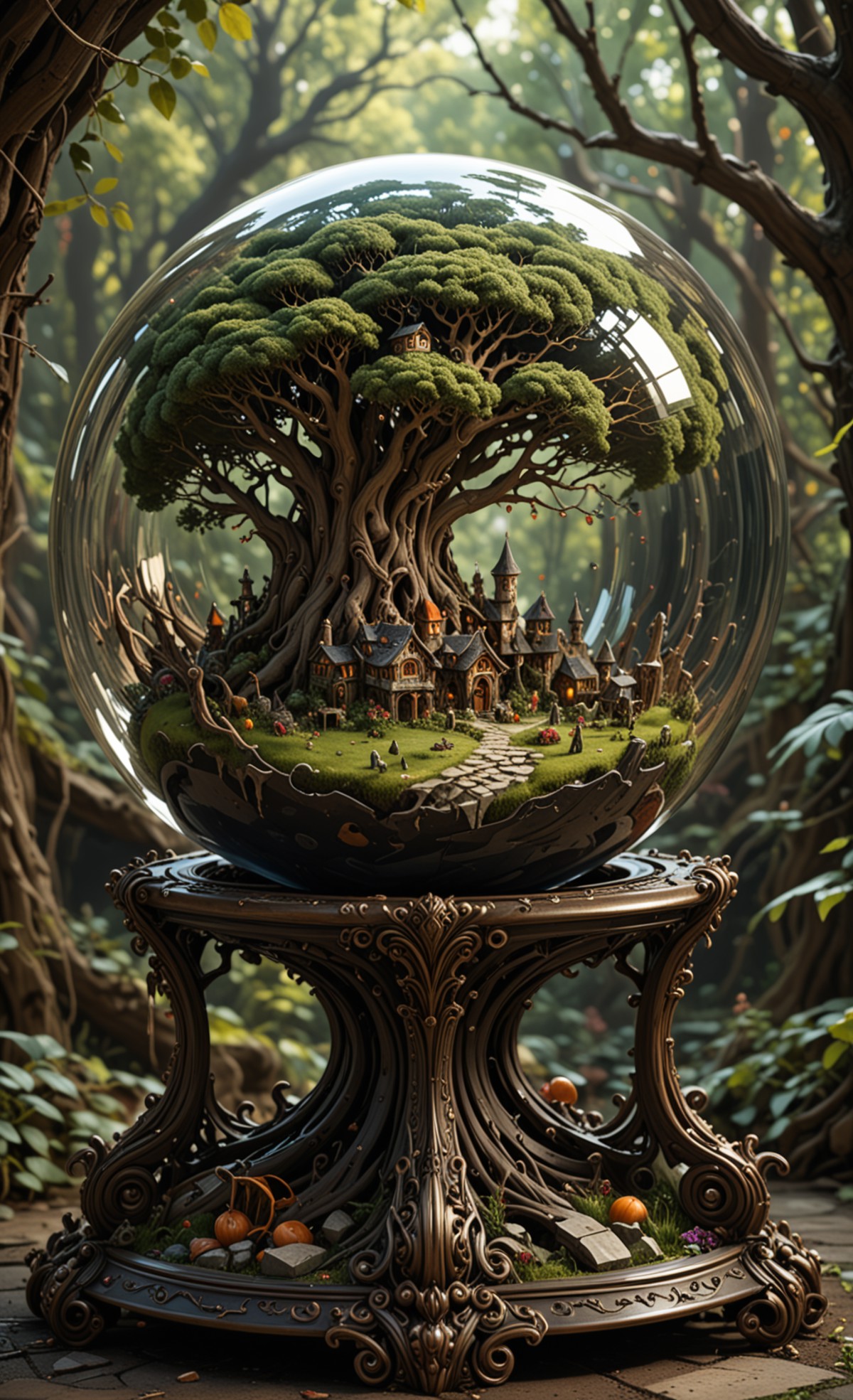 A  glass sphere sculpture, concealed inside the sphere is a Hobbits village, in the day, detailed image, 8k high quality d...