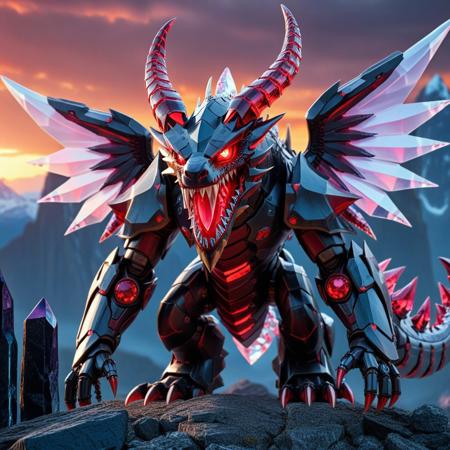 rp_slgd, codeandigital, c0dean0igital, cyberw0rlds, no humans, dragon made of crystal, mountain background, wings made of crystal, claws, solo, open mouth, tail, red eyes, sharp teeth, teeth, monster, robot, full body, non-humanoid robot, horns, mecha, flying, tongue, from side, creature, fangs, science fiction, glowing, spikes, red eyes, crystal scales, red gem, looking at viewer, armor made of crystal, Tokio background, Tokio, mountain