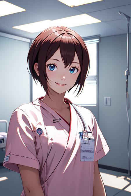 <lora:ps2_amy_v1_2:1>, ps2_amy, solo, light smile, upper body,, (RAW photo, best quality), masterpiece, light smile, natural lighting, 1girl,
hospital operating room, hospital exam room, surgical light,
 <lora:ClothingMedicalScrubs0:0.8> scrubs