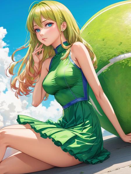 anime artwork woman wearing a tennis dress sitting on top of a giant tennis ball <lora:xl_tennis_dress-1.0:0.8> . anime style, key visual, vibrant, studio anime,  highly detailed