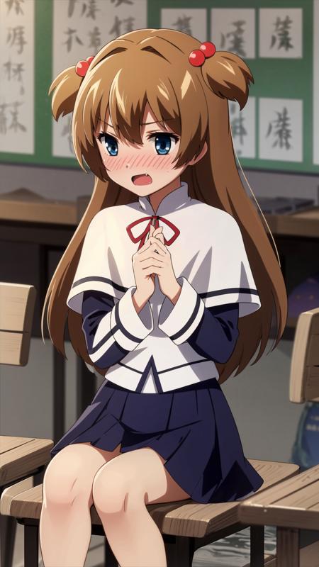 (masterpiece, best quality), ray tracing, absurdres,Jimeko-san, 1girl, school uniform, solo, blue eyes, blush, two side up, long hair, fang, index fingers together, brown hair, hair ornament, open mouth, hair bobbles, fidgeting, capelet, white capelet, <lora:Jimeko-san_v2:0.8>