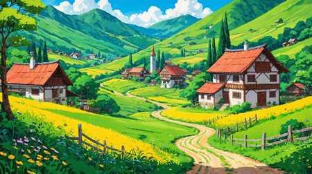 rural landscape of tiny kind village, lush greenely, professional color balance, epic pose,, oil painting art style, rich colors, lush textures, expressive brushwork, blendable layers, dynamic compositions, professional-grade finish, versatile medium, timeless elegance, immersive depth, vibrant hues, intricate detailing, adds depth and dimension, Realistic anime art style, combines anime aesthetics with lifelike details, detailed character designs, intricate backgrounds, immersive storytelling, gouache painting style, gouache opaque colors, matte finish, vibrant hues, dynamic compositions, professional-grade result, adds depth and texture, Pop art illustration style, vibrant and bold colors, uses imagery from popular culture, incorporate elements of mass media and consumerism, celebrates the mundane and everyday objects