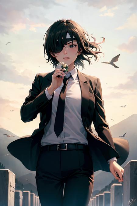 masterpiece, best quality,  <lora:himeno:1>,1girl, bouquet, bandages, solo, necktie, bird, flower, holding bouquet, holding, outdoors, shirt, black hair, cloud, pants, black necktie, sky, black pants, white shirt, jacket, formal, collared shirt, suit, fence, graveyard, wind, cloudy sky, bandaged head, medium hair, black jacket, black eyes, bandaged arm, white flower, shirt tucked in, standing, tombstone, bangs, belt, short hair, himeno (chainsaw man), cowboy shot, looking to the side, mountain, crow, long sleeves, bandaged neck, mountainous horizon, railing, closed mouth, signature, grey sky, bandaid, looking afar, headband, holding flower, floating hair, suit jacket, bandaged hand, bandage over one eye, scenery, open clothes, overcast, looking away, open jacket, black suit, rose, looking at viewer