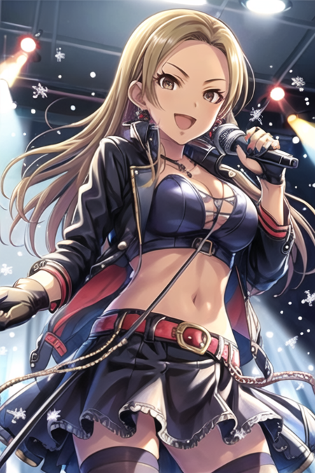 <lora:RyoMatsunaga-09:0.7>,matsunaga ryo, 1girl, solo, long hair, looking at viewer, smile, open mouth, skirt, blonde hair, large breasts, thighhighs, gloves, navel, cleavage, brown eyes, jewelry, jacket, earrings, midriff, belt, fingerless gloves, nail polish, microphone, snowflakes, microphone stand