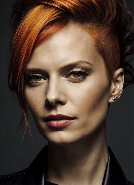 portrait of sks woman by Flora Borsi, style by Flora Borsi, bold, bright colours, orange Mohawk haircut, ((Flora Borsi)), <lora:locon_vinessashaw_v1_from_v1_64_32:1>