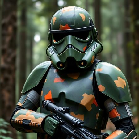A stormtrooper with armor fully covered in dark green, olive, and orange Camouflage in the forest of Endor. Inspired by Star Wars.