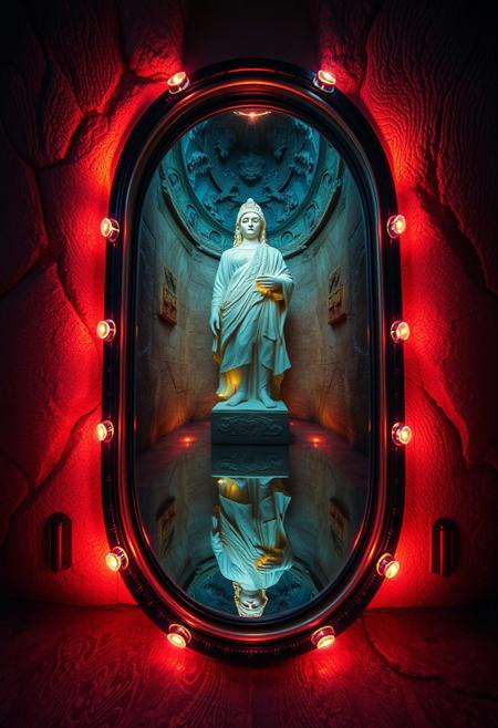 A first-person perspective image in natural earth tones and glowing bioluminescent colors shows a mysterious mirror reflecting a beautiful stone statue. The viewer transforms into the statue, illuminated by natural light effects and vibrant glows.