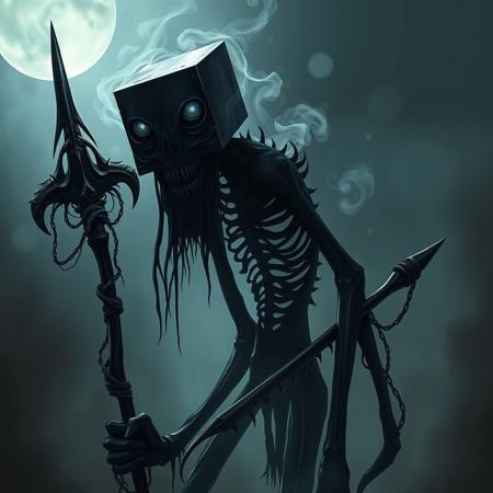 ource_8_up, source_7_up, masterpiece, ultra_res, high_res, The Destroyer, a tall, skinny figure with pitch-black skin and an unnerving square-shaped head, jaw hanging down to the floor, teeth jagged and exposed like it’s been starving for centuries. Smoky eyes, swirling with a void that sucks in light, 360-degree vision—this freak doesn’t miss a damn thing. As night falls, its power grows, feeding on the darkness, growing stronger with every hour. If you even dare to look away for a split second, you’ll die a gruesome, torturous death—your body will twist, tear, and break apart, like some nightmare made flesh. Its form is like a shadow, with long, twisted limbs that contort unnaturally. It holds the Void Reaper, a jagged scythe with a dark, ethereal blade, wrapped in smoky tendrils that seem to pull the soul right out of you. The background is a void-like wasteland, suffocating in darkness, the air thick with fear and inevitability. There’s no escape from The Destroyer. It’s the last thing you’ll ever see