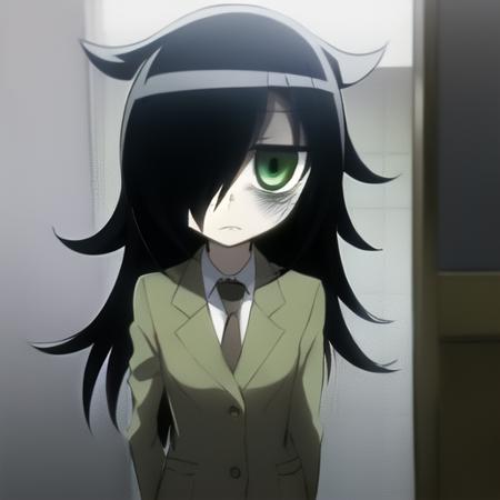 (masterpiece, best quality), tomoko-kuroki, (scared:1.2), hair over one eye, green eyes, long hair, looking at viewer, american shot, <lora:tomoko-kuroki-v2-2:1.2>