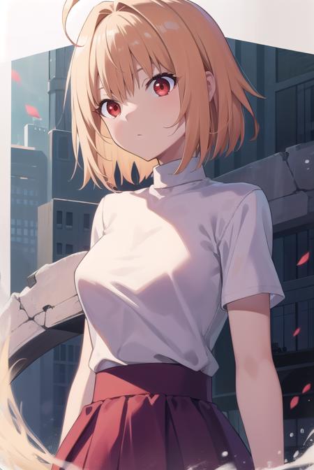 arcueid, <lora:acueidtest:1>,
arcueid brunestud, blonde hair, (red eyes:1.5), short hair, ahoge,
BREAK long skirt, (purple skirt:1.1), skirt, sweater, turtleneck, white sweater,
BREAK looking at viewer,
BREAK outdoors, city,
BREAK <lora:GoodHands-vanilla:1>, (masterpiece:1.2), best quality, high resolution, unity 8k wallpaper, (illustration:0.8), (beautiful detailed eyes:1.6), extremely detailed face, perfect lighting, extremely detailed CG, (perfect hands, perfect anatomy),