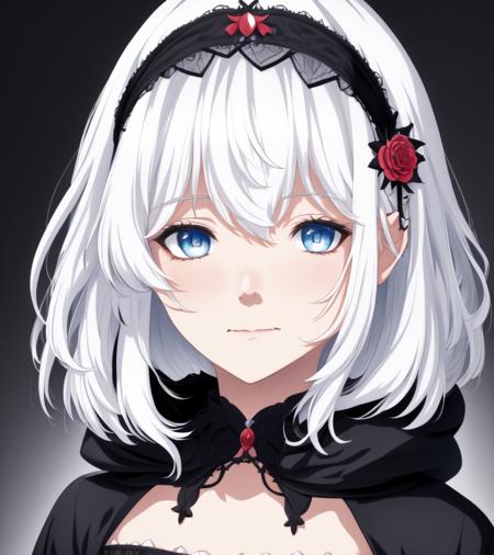 ((anime:1.2), exceptional, best aesthetic, new, newest, best quality, masterpiece, detailed:1.2),
white hair, character portrait, gothic, dress, bunny hairband, color page, highres, mizuryuu kei, akihiko yoshida, blue eyes, hood, flower