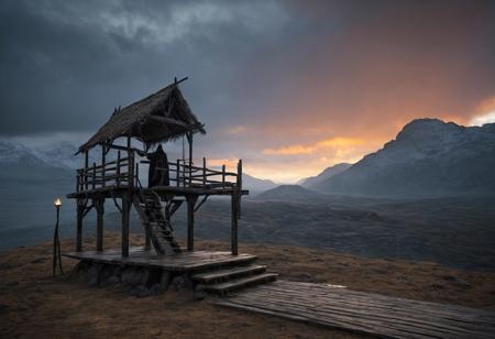 realistic, extremely high quality RAW photograph, intricate, Exquisite details and textures, highly detailed, ultra detailed photograph, 4k, high resolution, detailed skin, fantasy or historical scene. In it, there is a large wooden structure that resembles a gallows with a platform and steps leading to it. On the platform lies a person, possibly restrained, next to what appears to be a standing executioner. The executioner holds an ax and wears a hooded cloak that hides his facial features. Two torches are fixed to the structure, both lit and shedding light on the scene. The background shows a dramatic sky with shades of orange, red and yellow, suggesting a sunrise or sunset. In the distance, there are barren trees and mountains that contribute to the ominous atmosphere of the artwork.