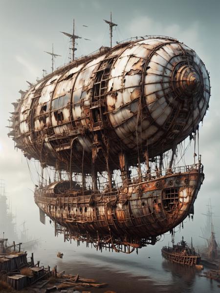 ais-olde airship, cobbled together from rusty gears and weathered canvas, lumbering through a polluted sky <lora:Old_Style_SDXL:1>