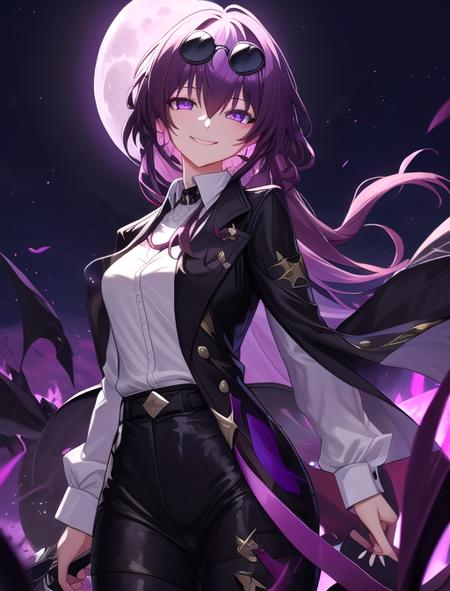 best quality, masterpiece, highres, detailed, digital artwork, <lora:Detail - add_detail:0.2>,  <lora:Character - KafkaHonkai:0.8>, KafkaHonkai, sunglasses on head, purple eyes, purple hair, white shirt, black jacket, open jacket, evil smile, purple energy, night, moon,