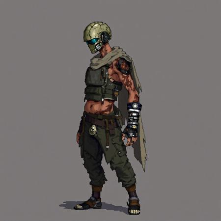 Post-apocalyptic pixel art character, lean but scarred male figure, wearing scavenged armor plates over torn tactical pants and a salvaged chestplate made of bone and scrap metal. One normal burned arm wrapped in cloth, one mechanical/bone-forged arm. Head partly covered with an ancient cracked helmet fused with a futuristic visor. Carries trinkets and relics. Tattered cloak on shoulder. Side view, gritty style, dynamic shadows. Pixel art format, Dead Cells-inspired.