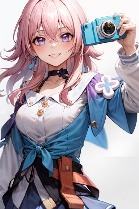 masterpiece, best quality,  <lora:March7th:0.9>,1girl,pink hair,long hair,purple eyes, earrings,jewelry,choker, long sleeves, white shirt,blue skirt,camera,grey background, smile