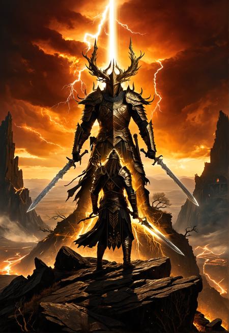 (masterpiece), (best quality), (ultra-detailed), dark theme, s1_dram, A breathtaking and dramatic scene inspired by Elden Ring, depicting a lone Tarnished warrior standing on a jagged cliff overlooking a vast, decayed battlefield under a blood-red sky. The warrior is clad in intricate, battle-worn armor adorned with glowing runes, holding a massive, rune-etched greatsword that radiates faint energy. Behind them, an ancient, crumbling cathedral looms, its spires stretching into storm-filled skies illuminated by flashes of lightning. In the distance, colossal, shadowy figures of demigods clash, their glowing weapons creating bursts of light that ripple across the battlefield. The ground is scorched and littered with ruins, broken weapons, and fallen warriors, while eerie, golden tree roots snake across the landscape, pulsating with faint energy. Wisps of ethereal light float through the air, creating an ominous yet mystical atmosphere. The dramatic lighting casts long shadows, emphasizing the grandeur and desolation of the world, while the warriorâs stance exudes determination, facing the insurmountable odds of this haunting, apocalyptic landscape,, illustration, disheveled hair, detailed eyes, perfect composition, moist skin, intricate details, earrings, by wlop, <lora:Pony\Pony_DetailV2.0:2.0>, <lora:Pony\dark_v1.9-pony_done:1.0>, <lora:Pony\S1_Dramatic_Lighting_v2:0.8>