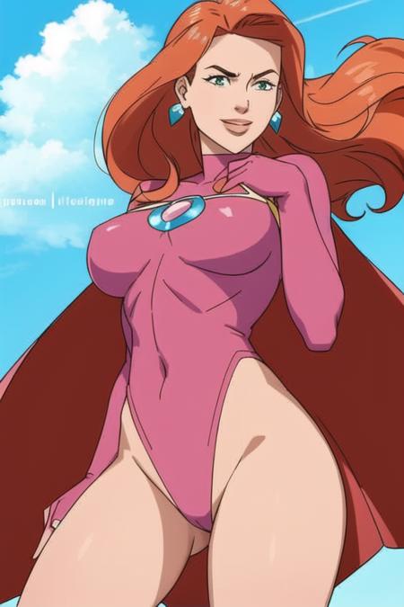 <lora:Invincible:0.75>, Invincible, masterpiece, best quality, 1girl, solo, green eyes, breasts, superhero, jewelry, earrings, cape, leotard, sky, looking at viewer, long hair, smile, orange hair, pink leotard, parted lips, cloud, large breasts, realistic, web address, covered navel, watermark, red hair, lips, energy, skin tight, gloves, medium breasts, toned, flying, floating, bodysuit, thighs, blue sky, day, clenched hand, pink cape, elbow gloves