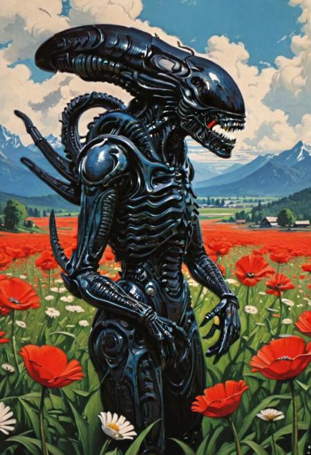 famous art by (arkhip kuindzhi:1.1), detailed expressive eyes, fantasy style, a cute xenomorph holding a lovely baby toddler on the flower field, concept art, award winning, detailed, high resolution, soft lines, intricate details, ((masterpiece, best quality)), looking at viewer, dynamic pose, wide angle view, <lora:add-detail-xl:1>, <lora:xl_more_art-full_v1:1>