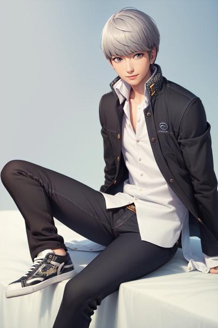 (masterpiece, best quality:1.2), <lyco:persona4_narukami-09:1.0>, solo, male focus, 1boy, narukami yu, slight smile, looking at viewer, sitting, crossed legs, school uniform, open clothes, jacket, shirt, black pants, sneakers