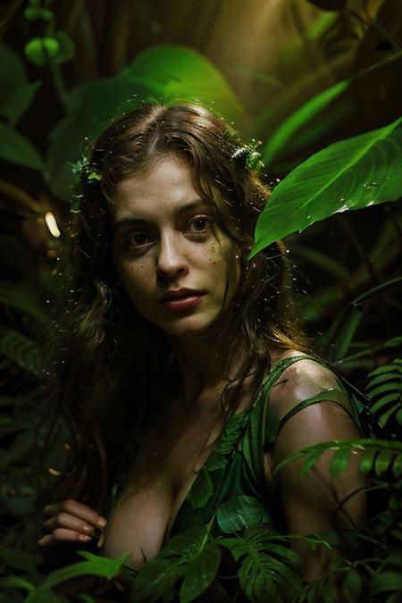 deep forest  jungle leaves and fireflies,medium shoot, twitter pfp, arafed woman posing for a picture, in a jungle environment, promotional images, beautiful female, (Masterpiece)