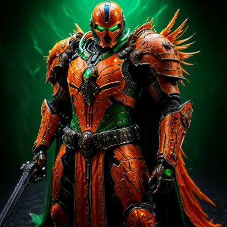 (Anime cyberpunk style) depiction of An Avenging Archangel, (highly detailed) features intricate Orange and Blue Warhammer armor with RED LED glowing accents amidst a dark background, creating a striking contrast. The ambiance is intense and dramatic, infused with neon colors of blues and greens, highlighting his powerful presence and evoking wonder and awe. (HD), ultra-detailed, captivating composition.
