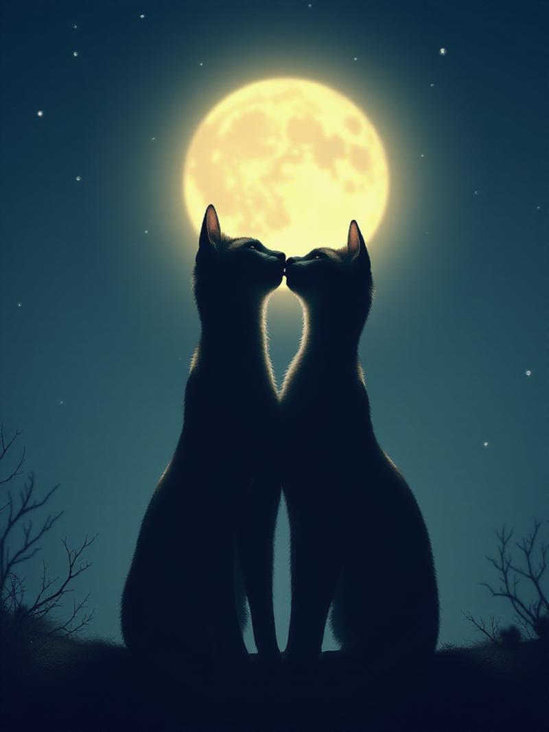 A romantic scene featuring two cats standing in a gentle embrace, nuzzling and kissing under the moonlight. The moon casts a soft, glowing light over them, creating a serene and intimate atmosphere. The background is a night sky filled with stars, with the full moon prominently shining above. The cats are silhouetted against the moonlight, emphasizing their closeness and affection. The surrounding area is dark, with subtle details of the environment, like distant trees or a quiet landscape, barely visible in the shadows, adding to the overall mood of love and tranquility