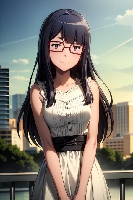 (RAW photo, best quality), masterpiece, an extremely delicate and beautiful, extremely detailed, 2k wallpaper, Amazing, finely detail, extremely detailed CG unity 8k wallpaper, ultra-detailed, highres, soft light, beautiful detailed anime girl, cinematic lightning, perfect anatomy, look at viewer, smile, 1girl, solo, long hair, bangs, black hair, casual dress, pink eyes, glasses, outdoor, mochizuki_meiko