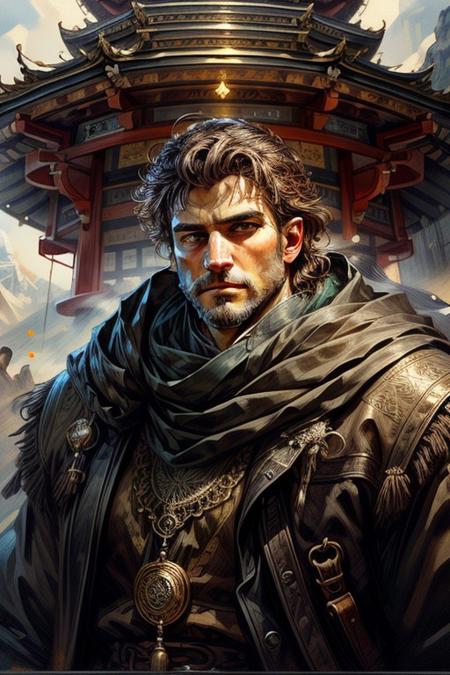 score_9, score_8_up, 8, score_7_up, solo,  
fantasy style, masterpiece, 8k, dynamic pose, 20 y.o, <lora:Fantasy_Classes_SD:1>,
<lora:Fantasy_Classes_SD:1>, (wizard)), bara, mature, facial hair, ((ecological landscape, golden low-fade, __eye-color eyes__, curious, pagoda)), masterpiece, highly detailed face and skin, hyperrealistic, male only, bara, mature, stubble, handsome, male focus, light particles, real light and shadow, (((cowboy shot, exercising))), <lora:style_adddetail:.7> <lora:style_deluster2:-.4><lora:style_hotarublurbk_v100:1>
BREAK
(EyesHD:1.2), (4k,8k,Ultra HD), masterpiece, best quality, ultra-detailed, very aesthetic, sharp focus, depth of field, ray tracing, best lighting, detailed illustration, detailed background, cinematic, 
BREAK 
detailed background, dynamic action image,
BREAK
oil painting, BadDream, negative_hand, NEG_EMBED_STABLE_YOGI_V3, FastNegativeV2, AissistV2
(detailed:1.3), (sharp focus:1.1), medieval style, (expressive face:1.2),,