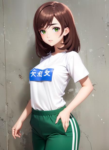 masterpiece, best quality, ultra-detailed, illustration, <lora:yuzuriha_maimai-v24:0.9>, 1girl, solo,  maimaitrack, brown hair, medium hair, thick eyebrows, green eyes, white t-shirt, shirt tucked in, short sleeves, name tag, track pants, green pants, cowboy shot