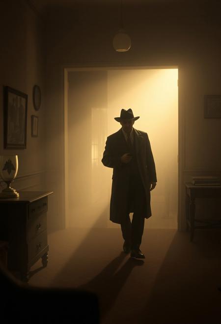 Soft dreamy atmosphere with intense dramatic lighting in a noir-style detective scene. Post-impressionist style, muted tones, high contrast creating tension, hazy soft light, serene interiors, simple composition, and early 20th-century aesthetic.