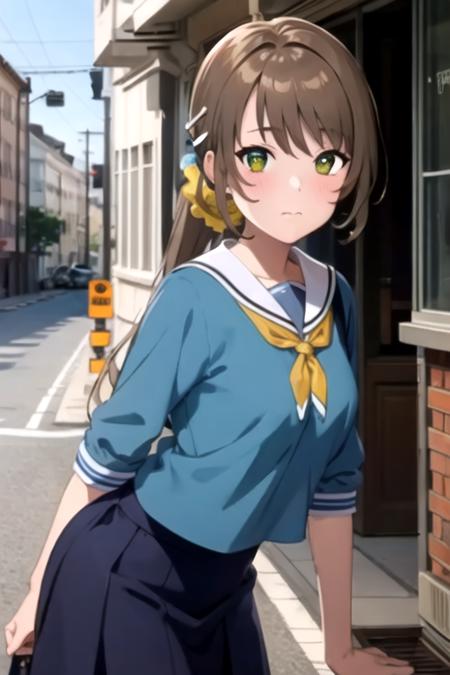 (masterpiece, best quality, ultra-detailed), (illustration), (beautiful detailed eyes), (1girl), (solo), <lora:fuka_v1:0.8>, fuka, long hair, blush, bangs, brown hair, ponytail, yellow scrunchie, hair ornament, closed mouth, green eyes, hair ribbon,  medium breast, white serafuku, blue sailor collar, blue skirt, standing, street, school background, outdoors,