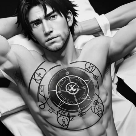 a guy with transmutation circle simple outlined tattoo on upper body and arms, best quality, <lora:TransmutationCircle:0.33>, masterpiece, photo-realistic, black and white photo