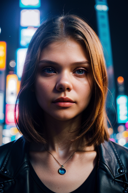 SashaKaigorodova, ((detailed face, Times Square background, detailed background, cyberpunk, shadow, dramatic lighting, by Bill Sienkiewicz, bokeh, night, midnight, darkness))