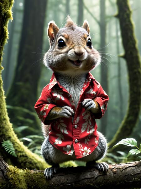 illustration of a little magical cute forest creature. The creature IS wearing a red Hawaiian shirt, fantasy art, intricate details, style Jean - Baptiste Monge, style Alan Lee, anthropomorphic squirrel , scene from a movie, dramatic shot angle, atmospheric particles, Real, raw cinematic photorealism, action portrait, 8k, detailed, centered, full frame<lora:xl_more_art-full_v1:0.5>