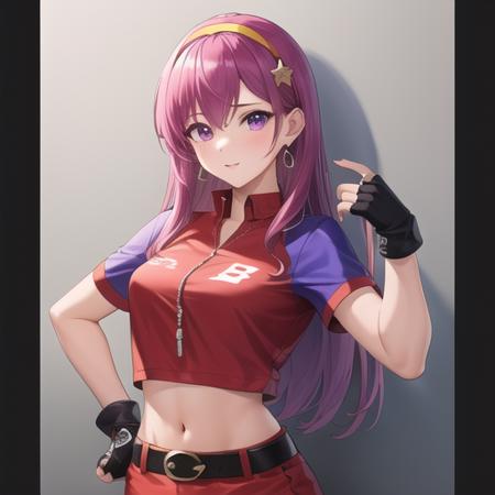 (masterpiece, best quality:1.2),illustration,8k,hd,1girl,solo,upper body,(portrait:1.2),purple hair,fingerless gloves,purple eyes,long hair,cropped shirt,short sleeves,star hair ornament,breasts,jewelry,earrings,navel,belt,midriff,red skirt,hair ornament,white hairband,bike shorts,socks,shoe,<lora:Asamiya Athena-02:0.4>,