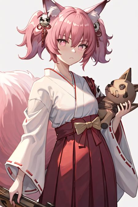 best quality, masterpiece, highres, solo, {white kimono:1.35}, {red hakama:1.35}, {wide sleeves:1.20}, {shamare_arknights:1.15}, animal_ears, animal_ear_fluff, fox_ears, twintails, bangs, pink_hair, hair_between_eyes, hair_ornament, pink_eyes, closed_mouth, fox_girl, tail, symbol-shaped_pupils, fox_tail, upper_body, stuffed_toy