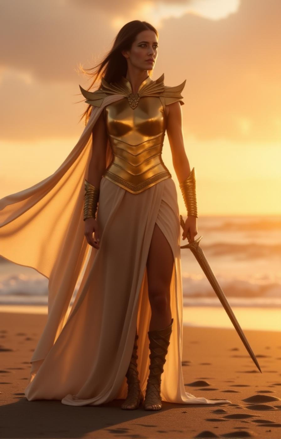 Artemisia is holding a long sword. She is wearing a golden armor. She is on a beach at sunset <lora:Artemisia:0.91>