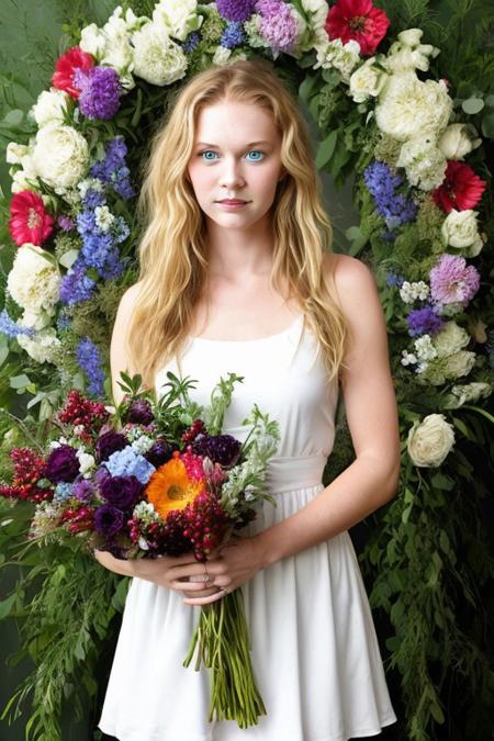 A young Caucasian woman with long blonde hair and blue eyes, wearing a white dress, surrounded by a floral arrangement of colorful flowers and berries