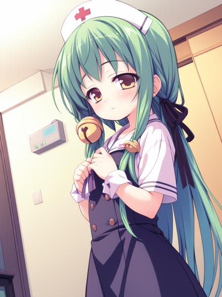 <lora:TachibanaYuzu:0.8>, TTachibanaYuzu, green hair, long hair, hair bell, hair ornament, ribbon,
nurse, hospital,
masterpiece, high quality, very_high_resolution, large_filesize, full color,