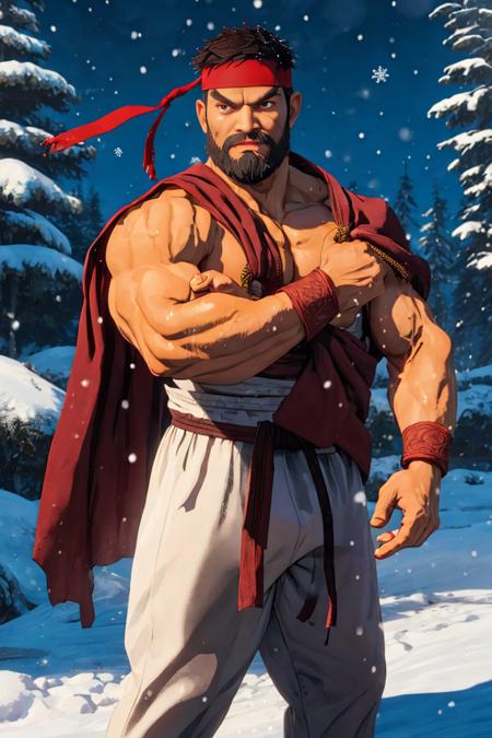 ryu, 1guy, beard, brown robe, golden ring, brown cloth,headband, black martial arts belt ,white pants, detailed eyes, cowboy shot,  fighting stance, snow, snowflakes, pines, highres, sharp picture, mood lighting, intricate details,  detailed eyes, best quality, masterpiece, highres, perfect picture, highly detailed, high contrast , digital colors, bright colors , perfect face, looking to viewer <lora:SF6Ryu:0.88>