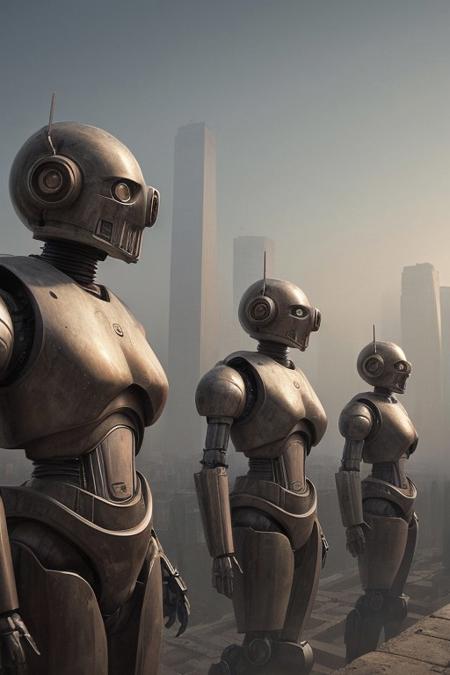 front side view, close-up, fantasy art, surrealism, grim, photorealism, hyger, a row of giant droids standing on a city wall, smog, epic, monumental, cinematic, mesmerizing, fine detail, close-up, dynamic, high detail, HDR, ultraHD, photorealistic