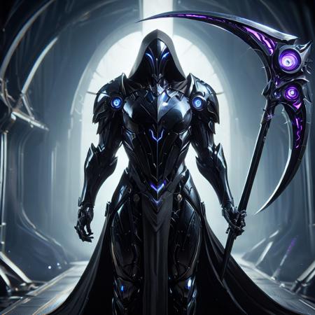 action shot of an ObsidianTanzanite Faceless Cyborg, glowing eyes, reflectiv light, weilding an ObsidianTanzanite Scythe, standing inside a spaceship, HD, masterpiece, best quality, hyper detailed, ultra detailed,