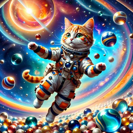 ethereal fantasy concept art of  <lora:Marbles_World_r1:1> a cat playing with marbles in a space station, cat is wearing a cute astronaut suit, floating in zero gravity, colorful marbles floating,  <lora:Meowpocalypse:0.8> meowpocalypse, no humans, cat, beautiful space . magnificent, celestial, ethereal, painterly, epic, majestic, magical, fantasy art, cover art, dreamy