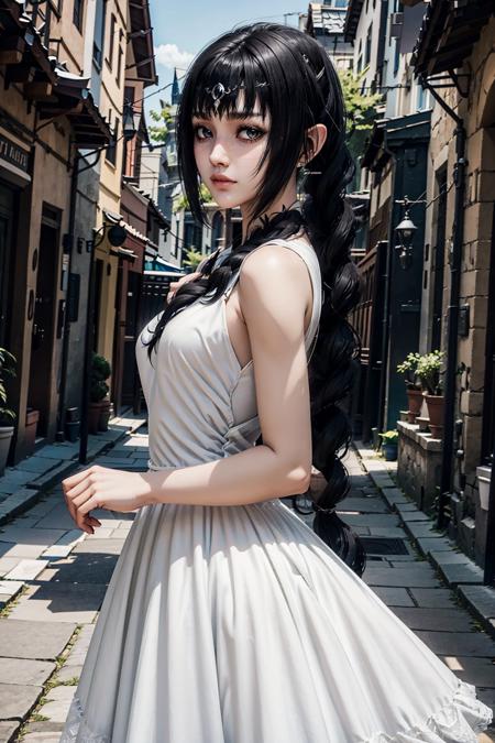 ShadowHBG, 1 girl, black hair, front view, white dress, <lora:ShadowHBG:0.7>