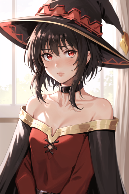 thisuserisalive,  masterpiece, best quality, megumin, 1girl, bare shoulders, black cape, black gloves, black hair, blush, cape, choker, collarbone, dress, hair between eyes, hat, long sleeves, looking at viewer, medium hair, off-shoulder dress, off shoulder, red dress, red eyes, sidelocks, solo, witch hat, indoors,  <lora:thisuserisalive_offset:1>